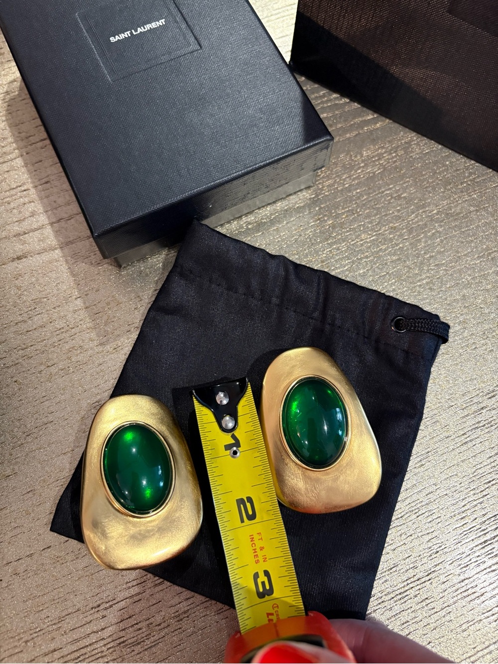 SAINT LAURENT Cabochon Clip-On Earrings Gold Tone Metal Green Resin Gemstone - Picture 12 of 16